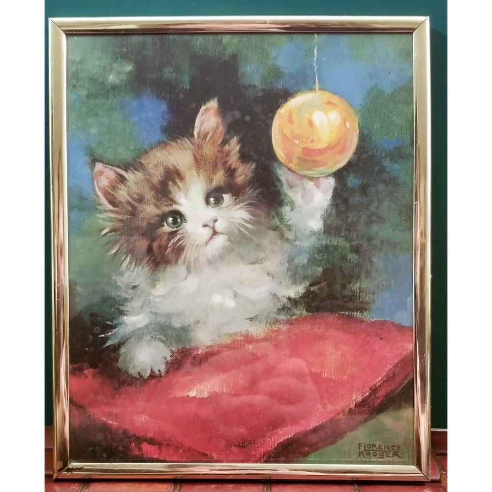 Vintage 1960's Florence Kroger "Christmas Kitten" Framed Print 8"x10"